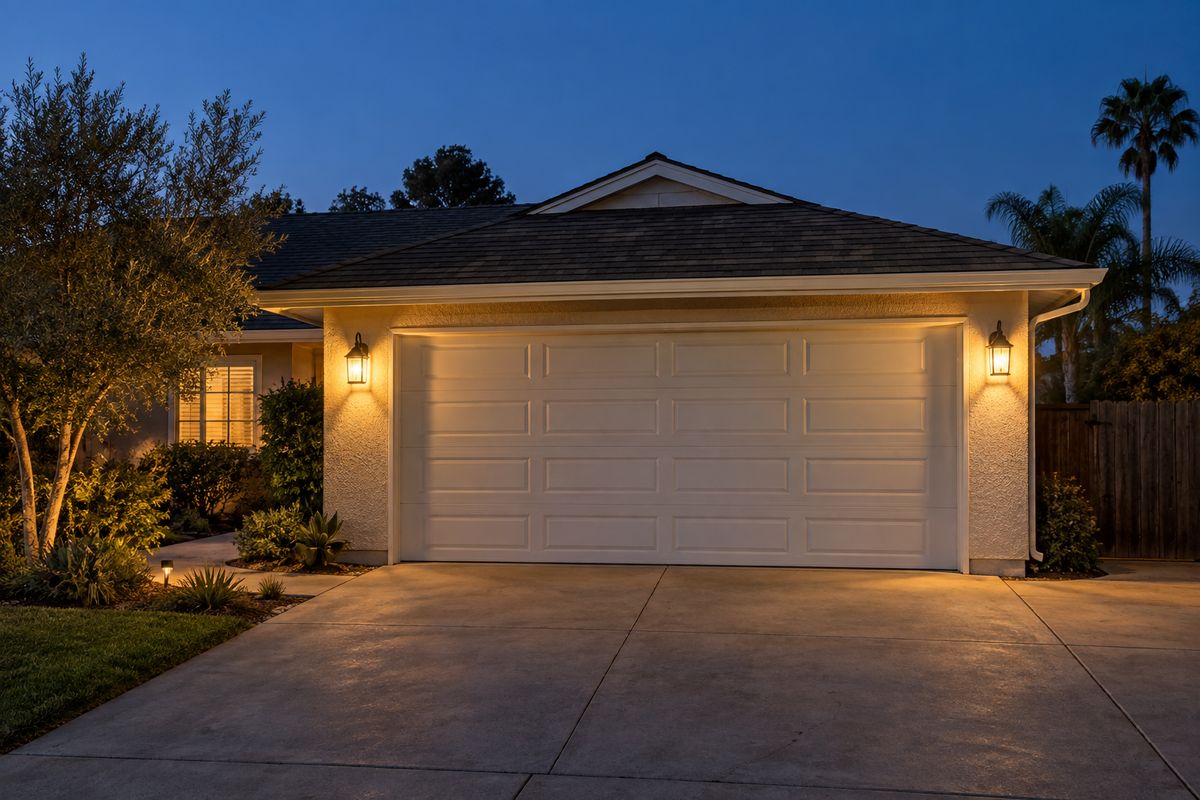 Single-story home at dusk with a white double garage door lit by coach lights on either side