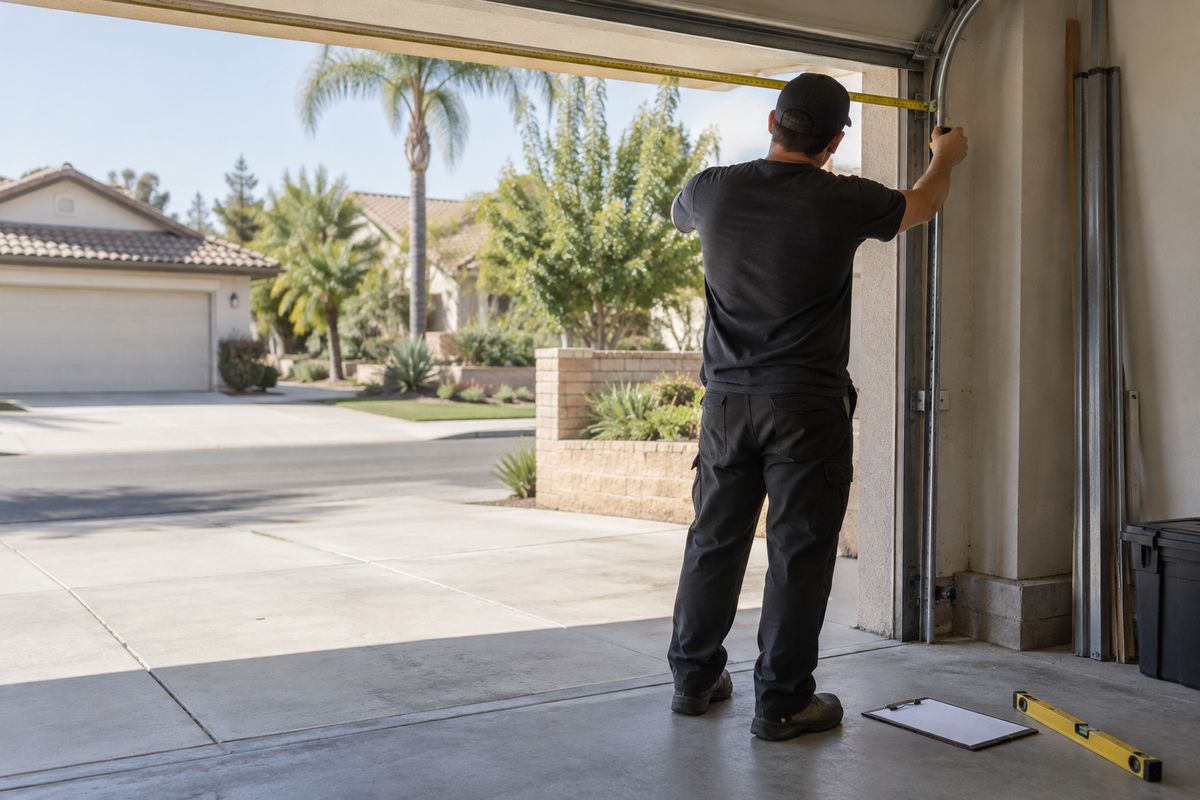 Technician measuring a garage door opening with a tape measure, seen from behind