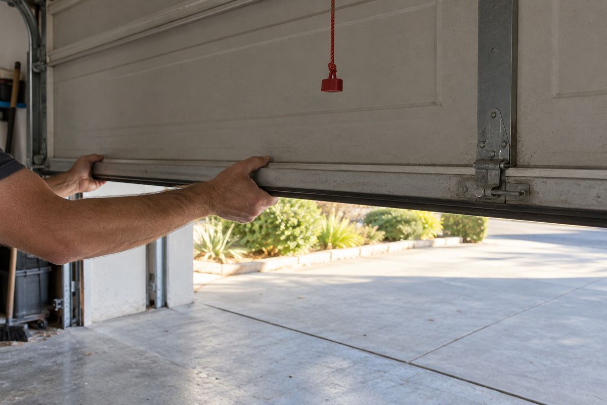 Hands holding a partly raised garage door from inside, the red emergency release cord hanging above