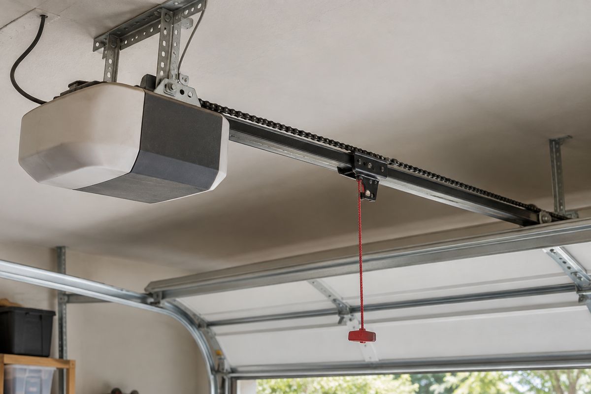 Chain-drive garage door opener mounted on a garage ceiling with its rail and red release cord