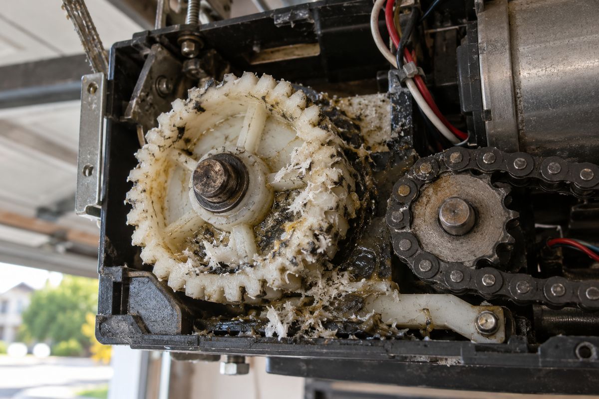 Inside a garage door opener, showing a badly worn nylon drive gear and its sprocket