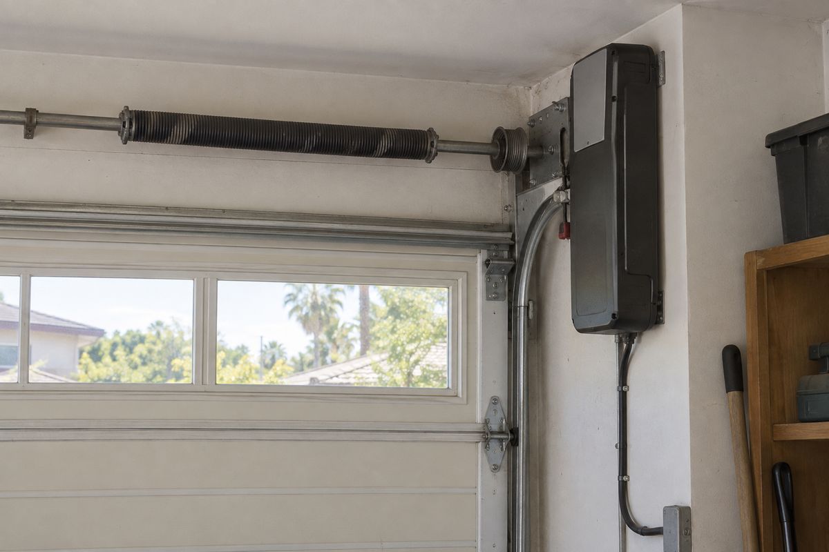 Wall-mounted garage door opener beside the torsion shaft, leaving the garage ceiling clear