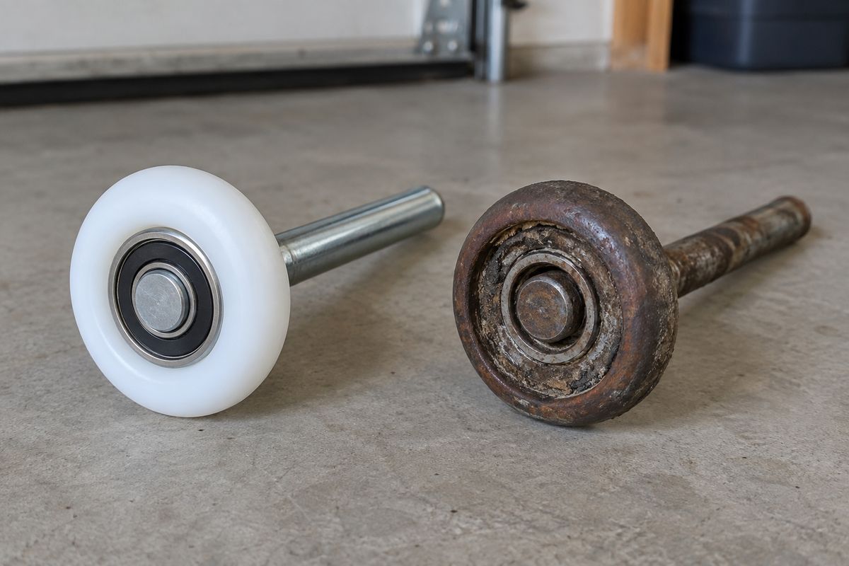 New white nylon garage door roller beside a rusted steel roller with a worn bearing