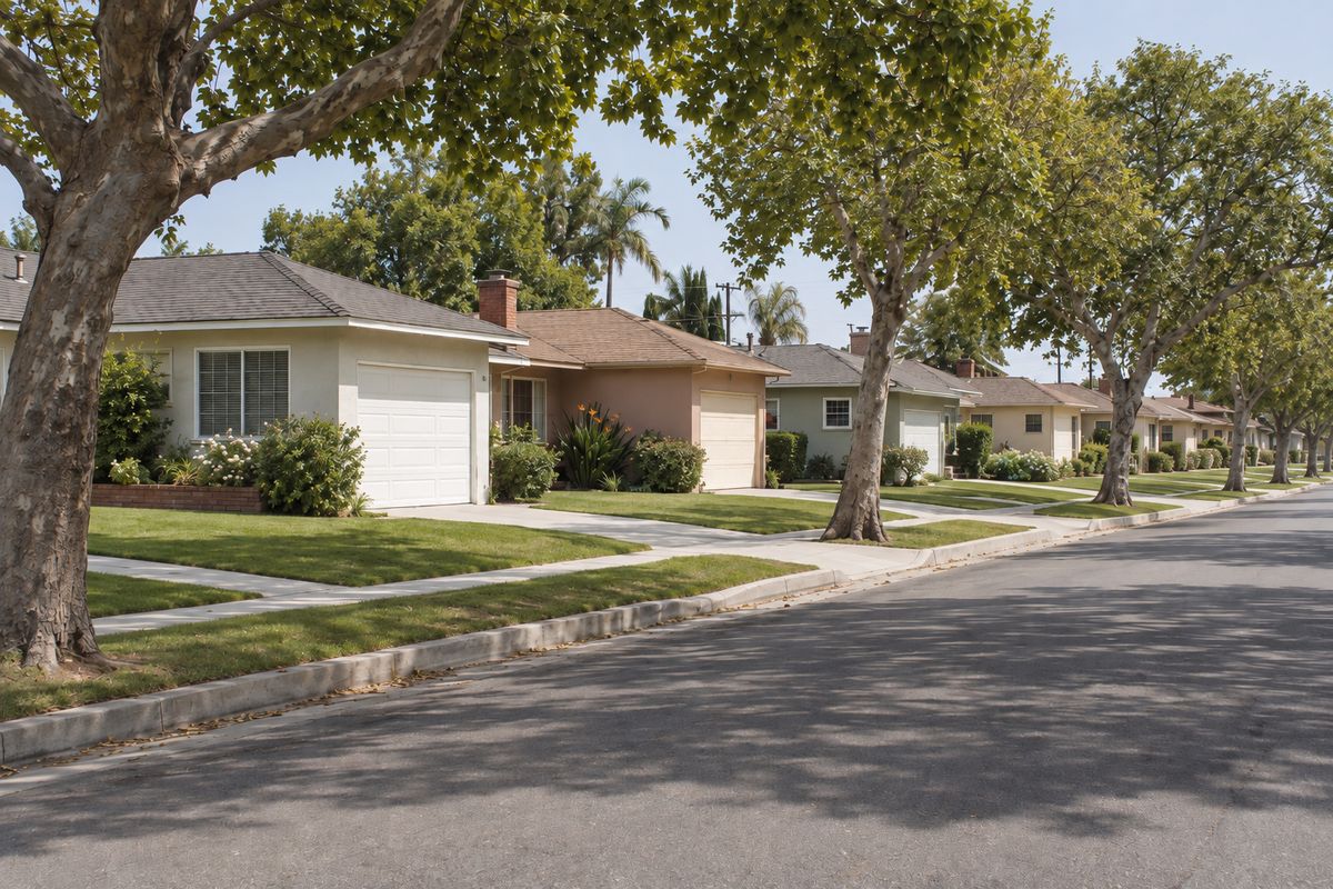 Street of single-story post-war tract houses with attached garage doors and mature street trees