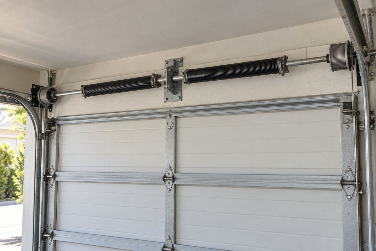 Garage door torsion spring assembly above a white door, with shaft, springs, bearing plates and cable drums