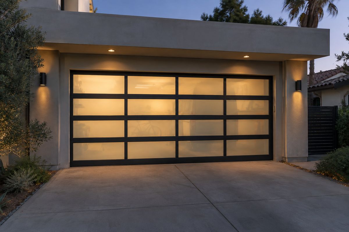 Full-view garage door with a black aluminum frame and glass panels, lit from inside at dusk