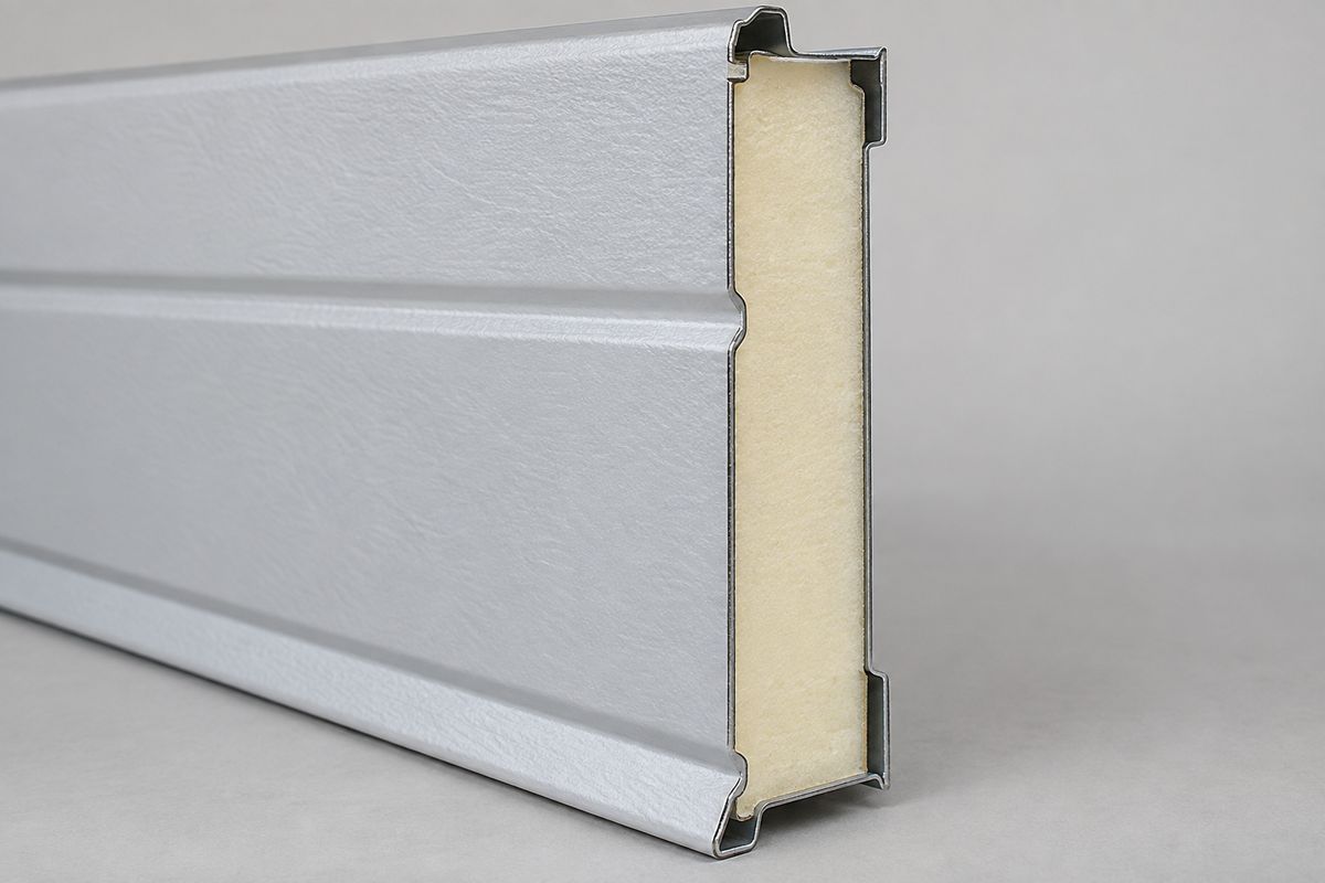 Cutaway of an insulated garage door section showing two steel skins with a foam core between them