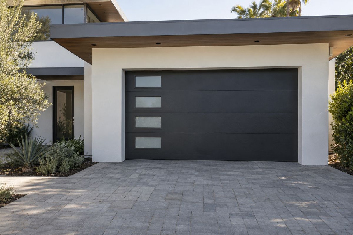 Dark flush-panel garage door with a small offset window group on a white modern home