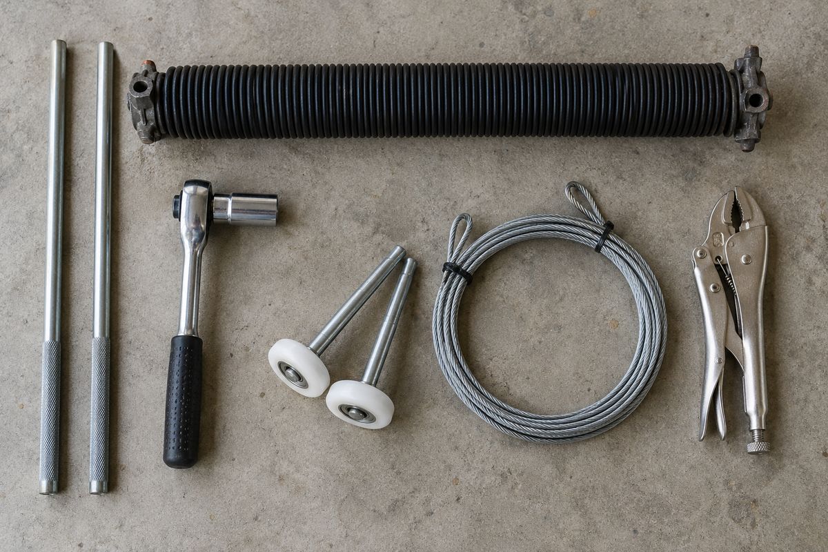 Garage door repair tools on concrete: winding bars, ratchet, nylon rollers, coiled cable, torsion spring and vise grips