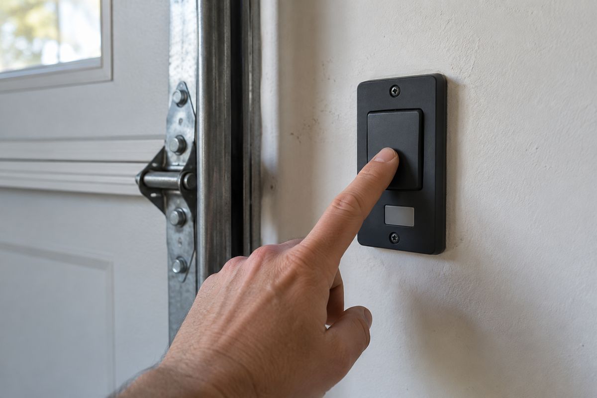 Finger pressing a garage door wall control button mounted beside the door