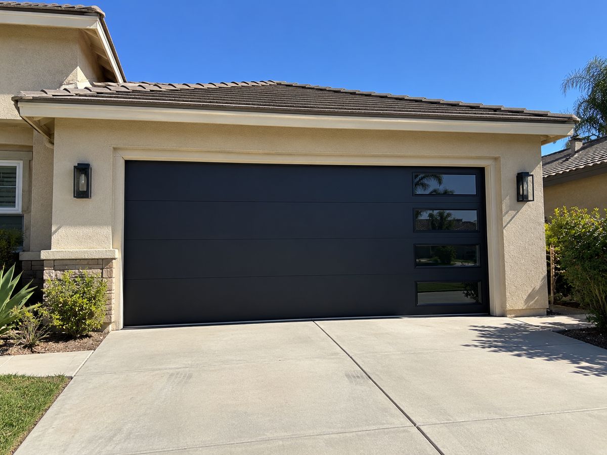 Black flush modern garage door with a vertical strip of glass lites on a single-story stucco home