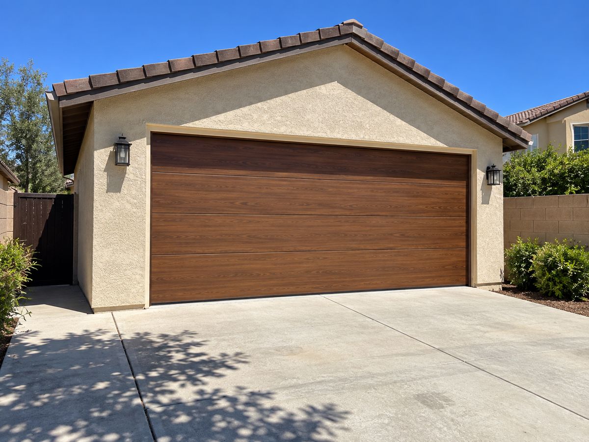 Wood-look horizontal plank garage door on a detached stucco garage with a tile roof
