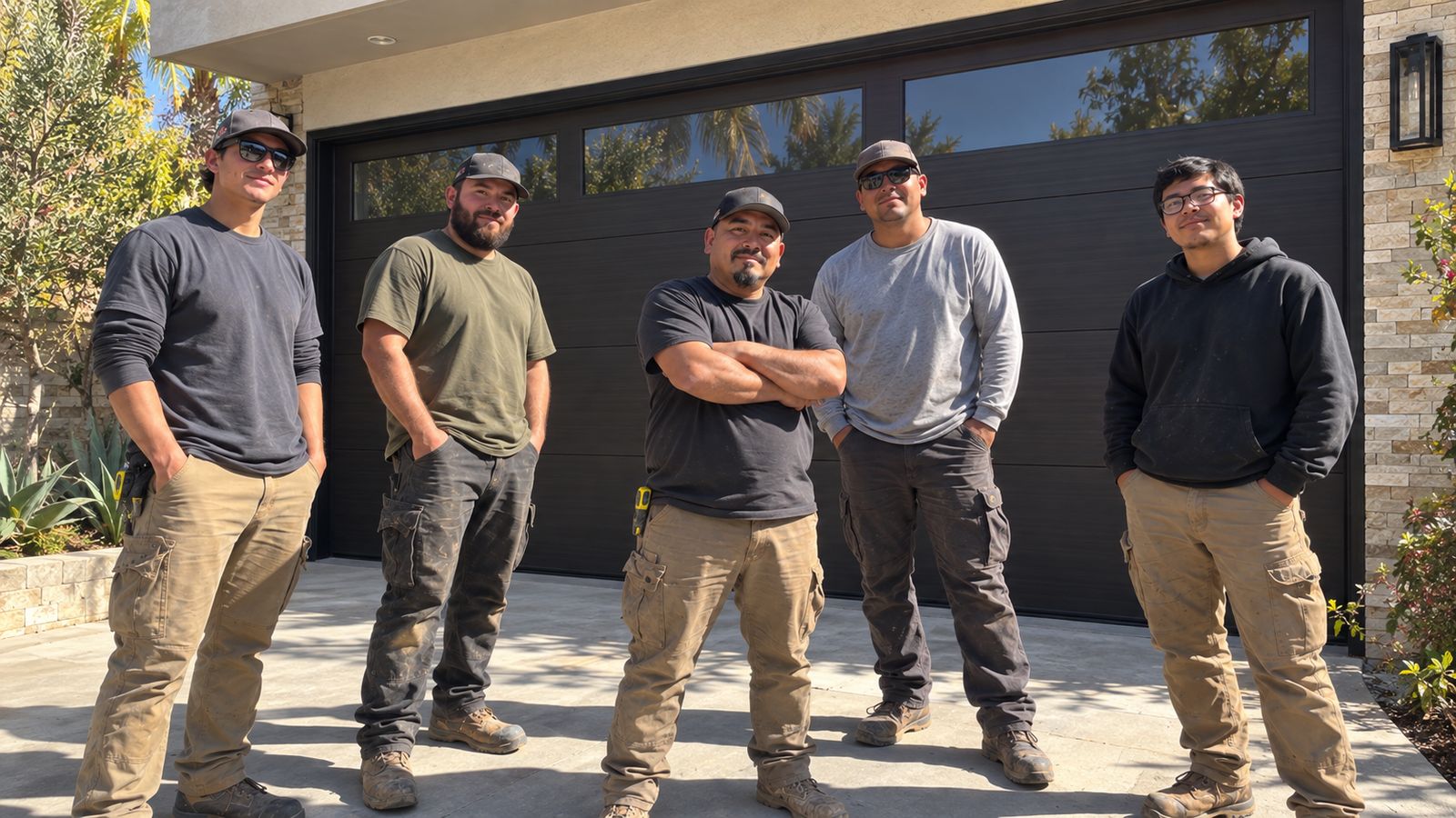 The Mighty Garage Doors crew in work clothes, standing in a driveway in front of a black garage door